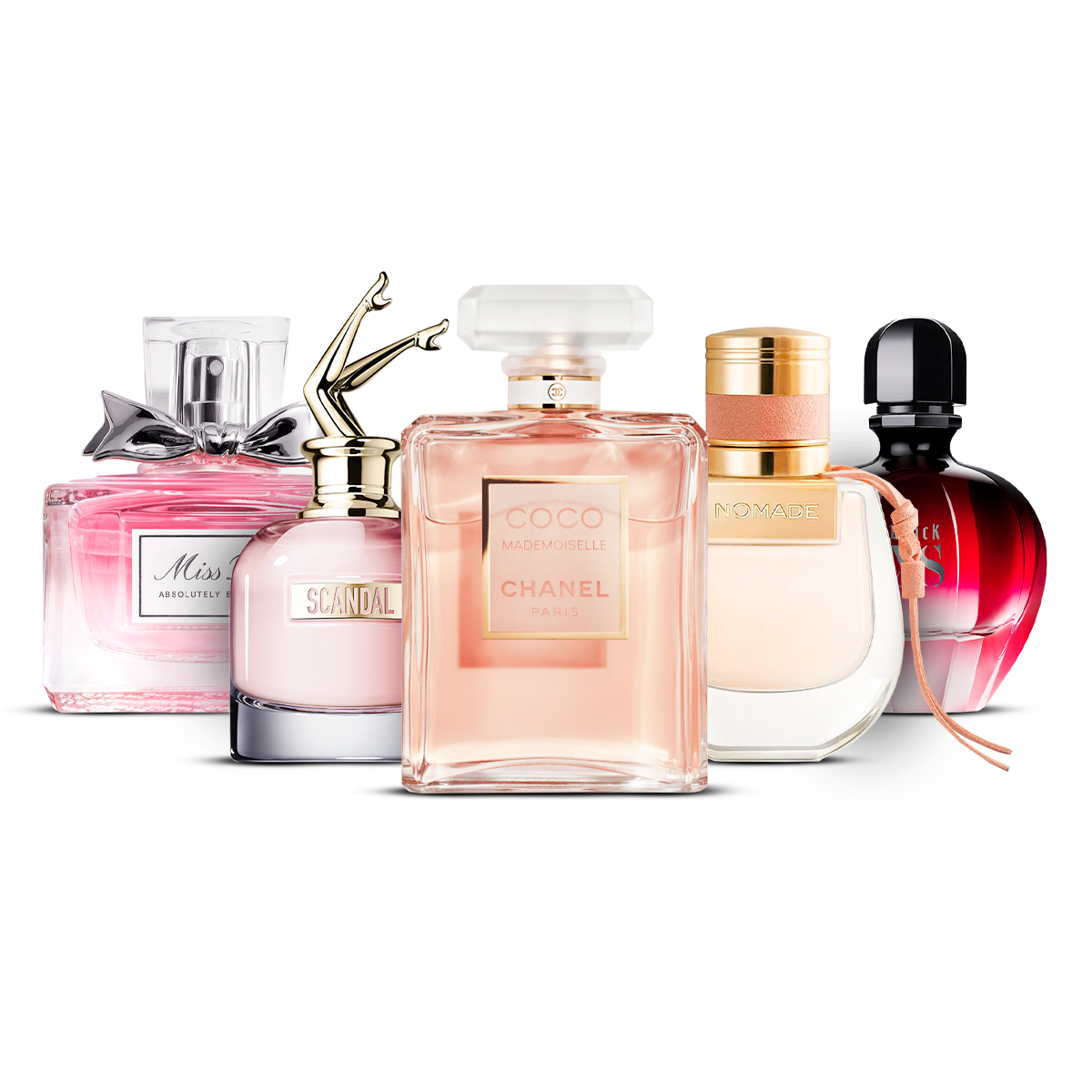 Combination of 5 women's perfumes - Miss Dior Absolutely Blooming, Scandal, Coco Mademoiselle, Nomade and Black XS [100 ml]