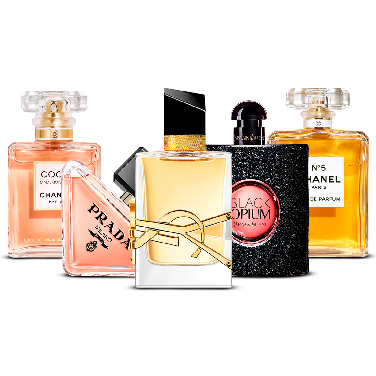 Combination of 5 women's perfumes – Coco Mademoiselle, Prada Paradoxe, Libre, Black Opium and Chanel N°5 [100 ml]
