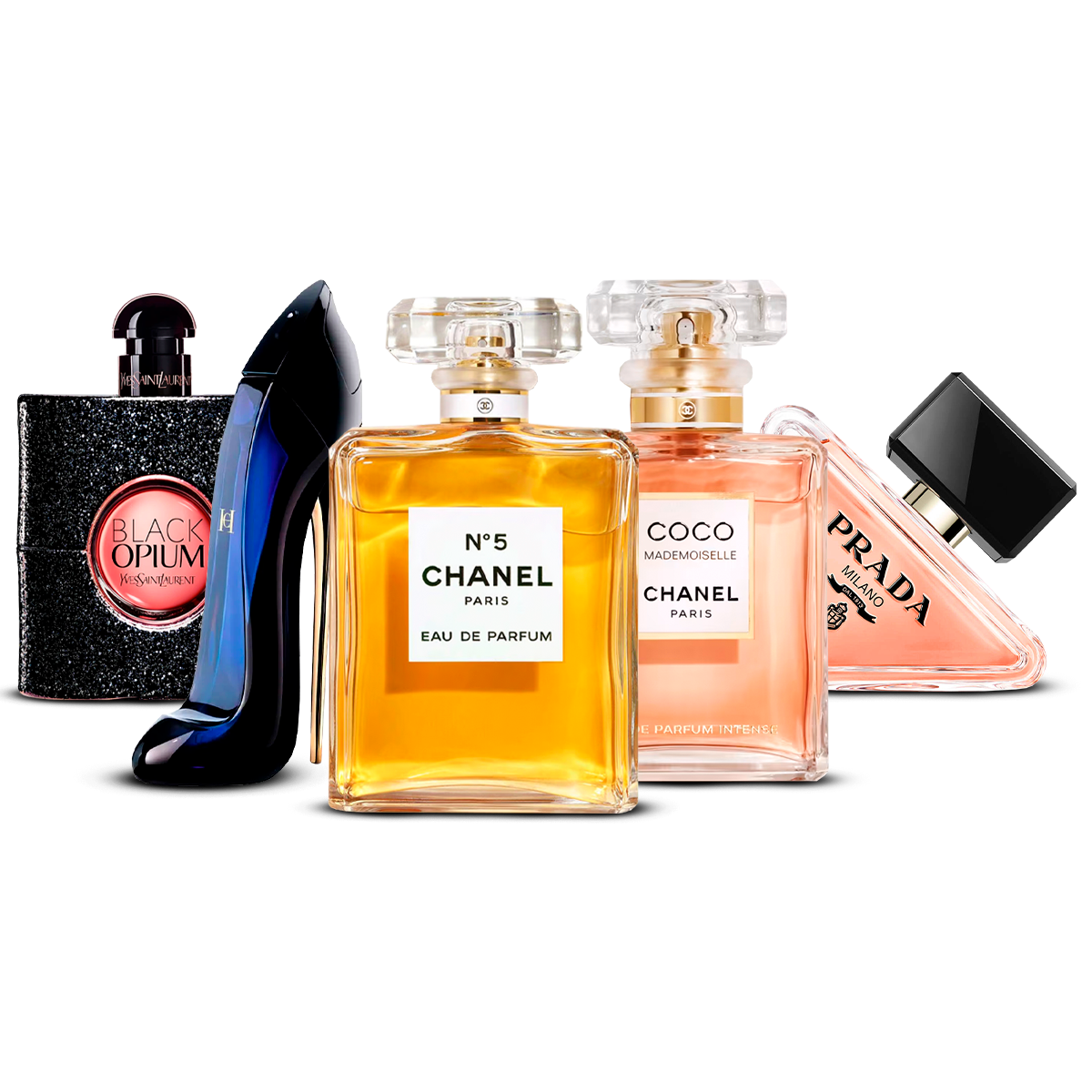 Combination of 5 women's perfumes – Black Opium, Good Girl, Chanel N°5, Coco Mademoiselle and Prada Paradoxe [100 ml]