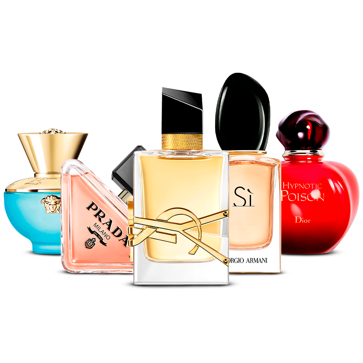 Combination of 5 women's perfumes – Versace Dylan Turquoise, Prada Paradoxe, Yves Saint Laurent Libre, Giorgio Armani Sì and Dior Hypnotic Poison [100 ml]