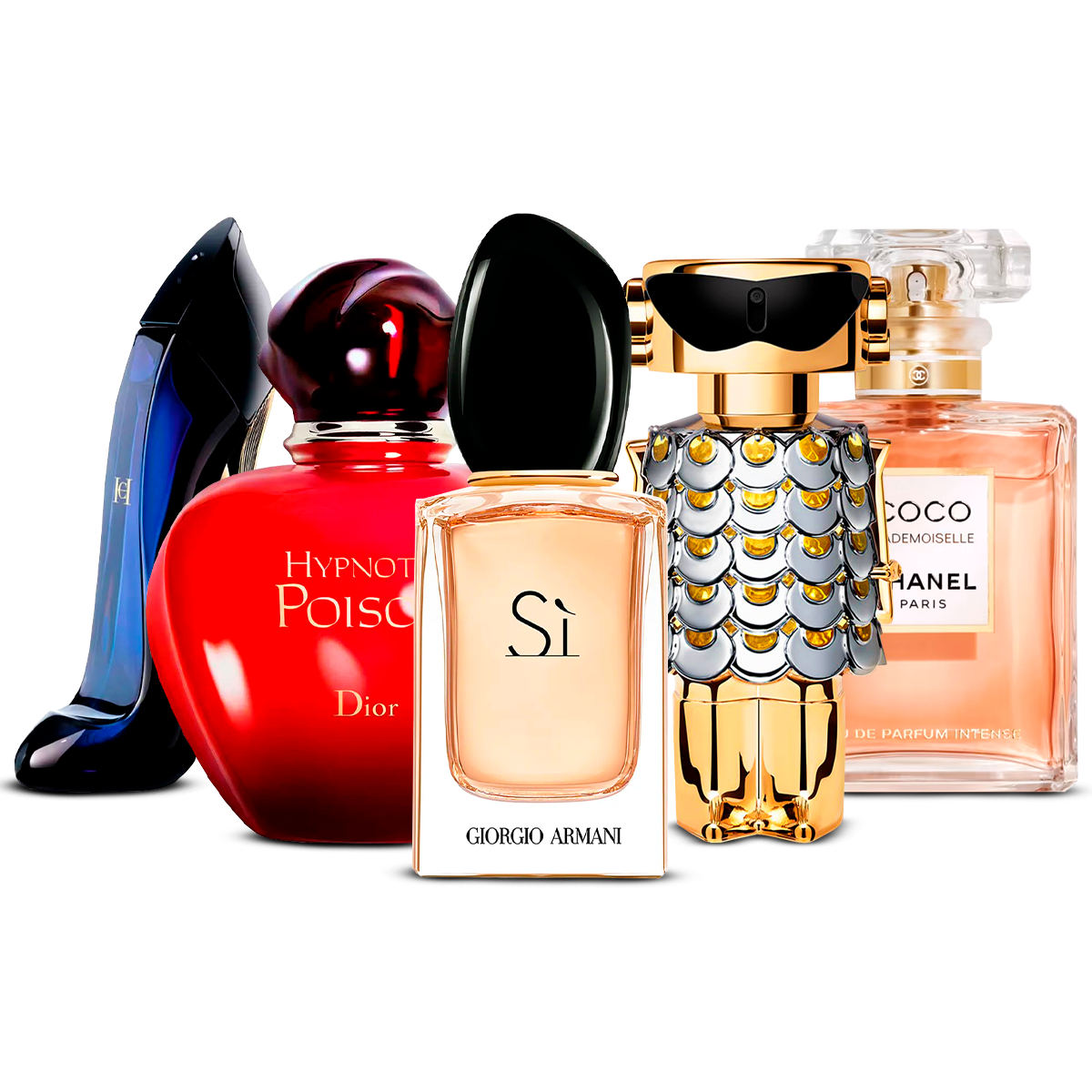 Combination of 5 women's perfumes – Good Girl, Hypnotic Poison, Sì, Fame and Coco Mademoiselle [100 ml]