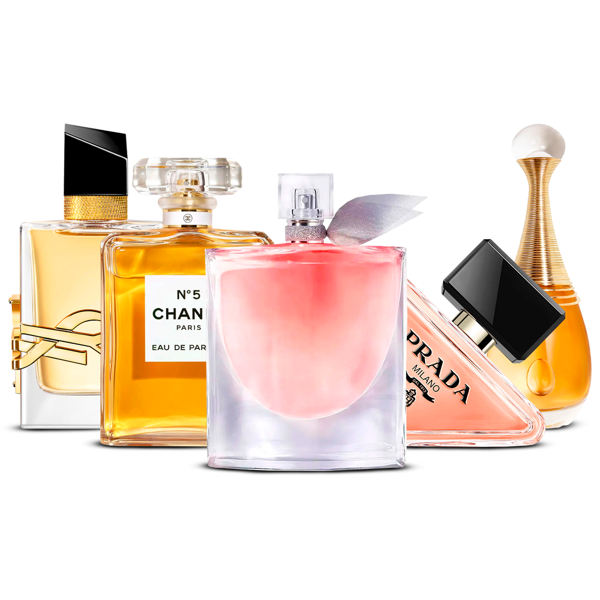 Combination of 5 women's perfumes – Yves Saint Laurent Libre, Chanel Nº5, La Vie Est Belle, Prada Paradoxe and J'adore [100 ml]